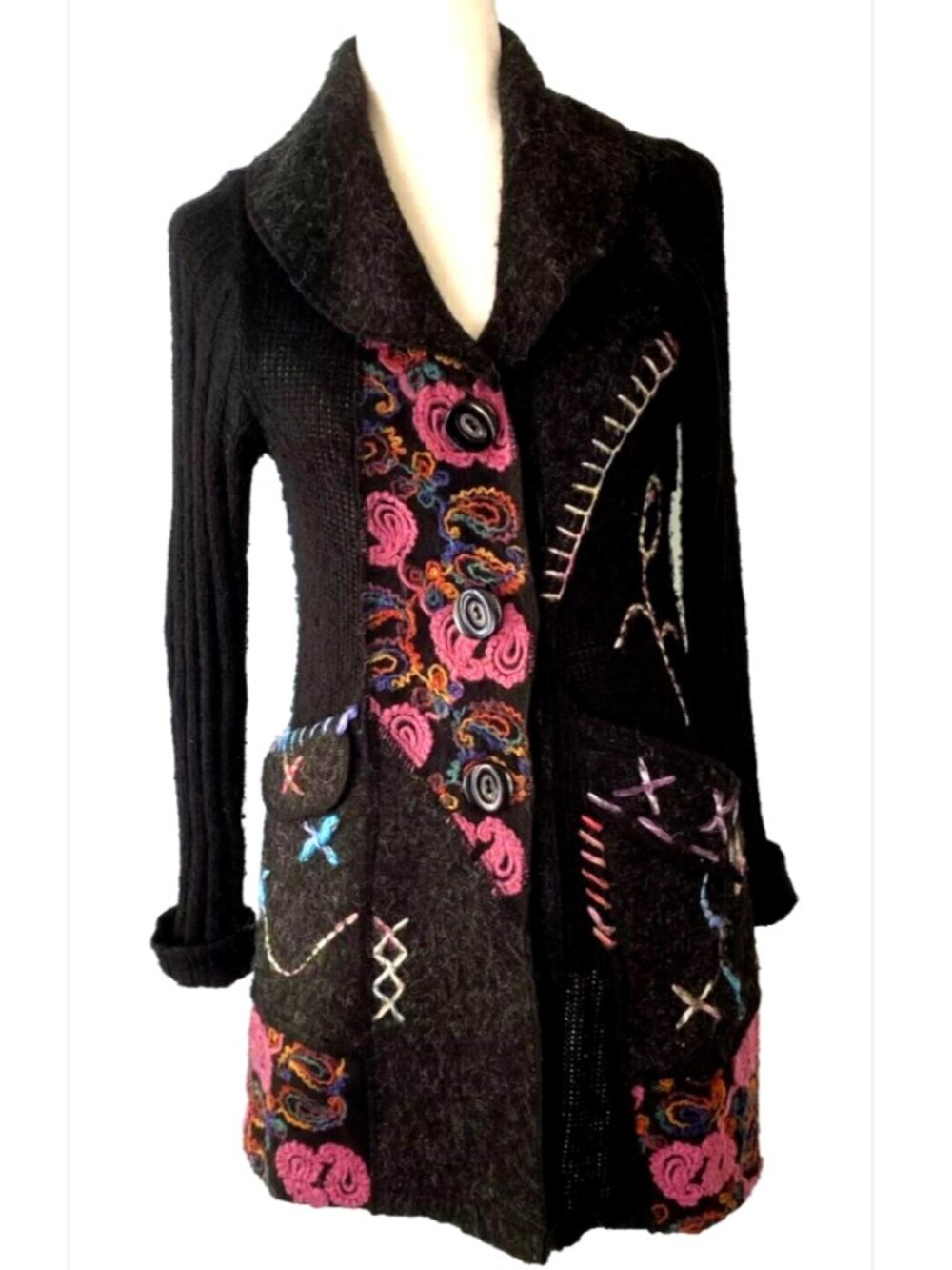 Liquid by Sioni Wearable Art Mohair Knit Cardigan Artsy Black Statement Sweater